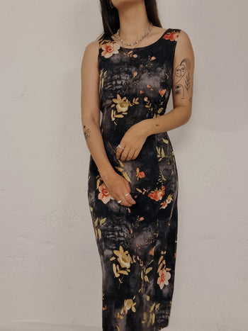 Robe vintage noire à fleurs S/M