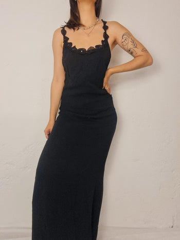 Vintage long black open back dress M/L