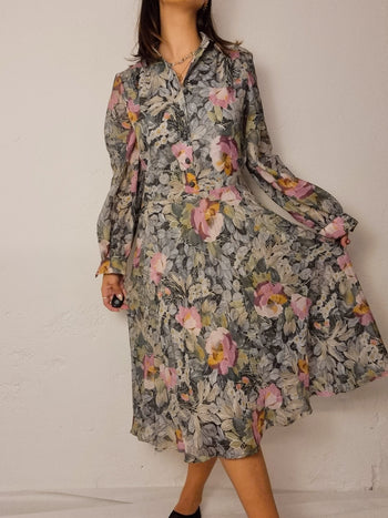 Robe vintage à fleurs rose khaki L