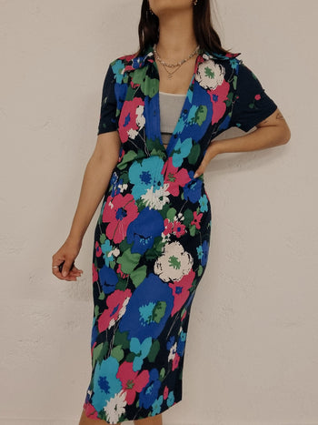 Robe vintage à fleurs bleue et rose S