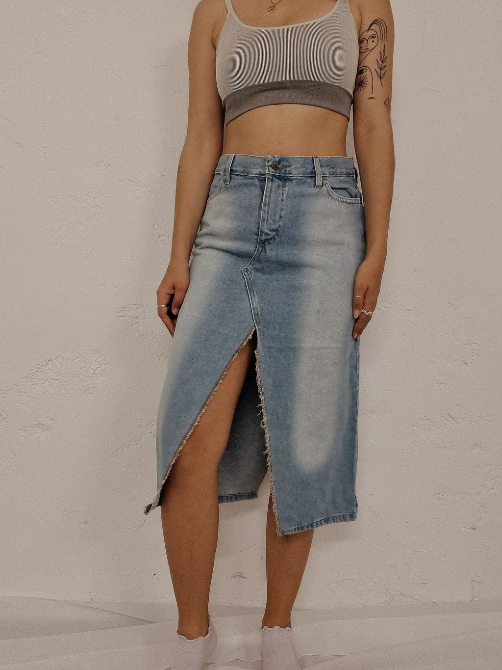 Jupe vintage en jeans délavé ouverte devant et derrière L