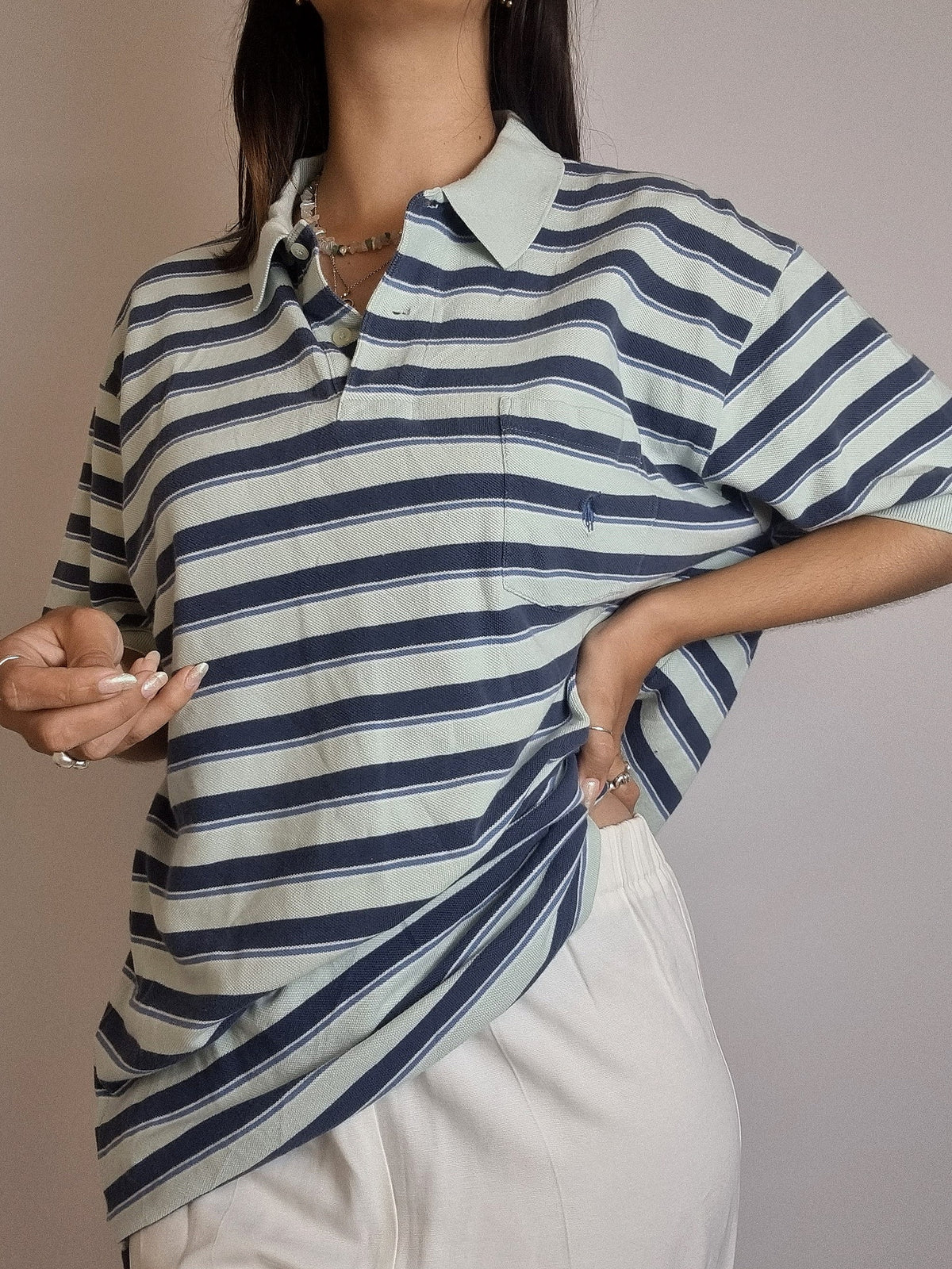 Lacoste L white striped mauve polo shirt
