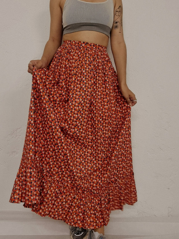 Jupe longue vintage rouge orange à fleurs S