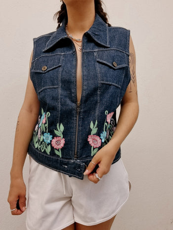 Dunkelblaue ärmellose Vintage-Jeansweste mit Stickerei L