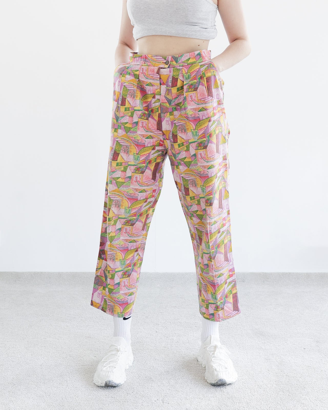 Pantalon 80s/90s à motifs rose/vert L (40/42)