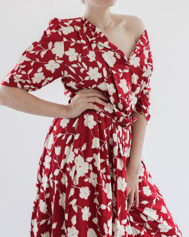 Vintage red dress with white flowers M/L