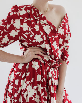 Vintage red dress with white flowers M/L