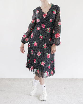 Robe Vintage noire à pois blanc et fleurs roses M