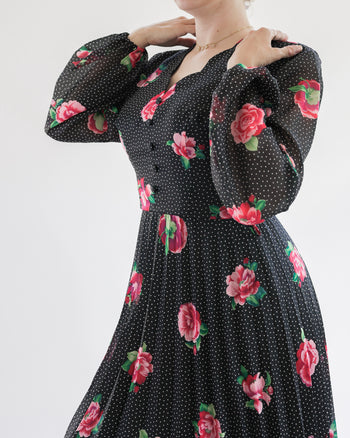 Vintage black dress with white polka dots and pink flowers M