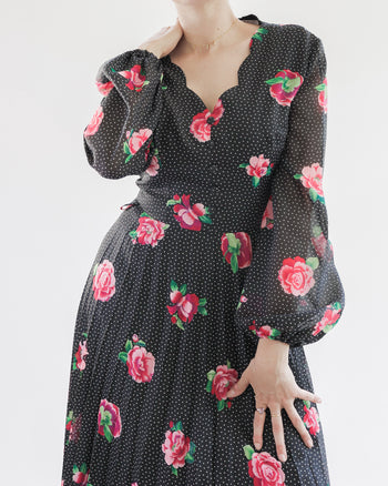 Vintage black dress with white polka dots and pink flowers M