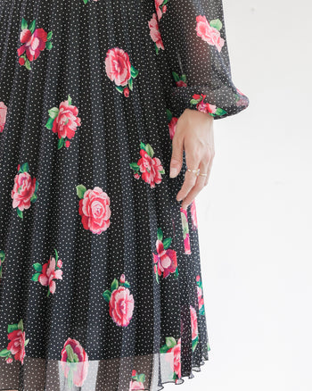 Robe Vintage noire à pois blanc et fleurs roses M