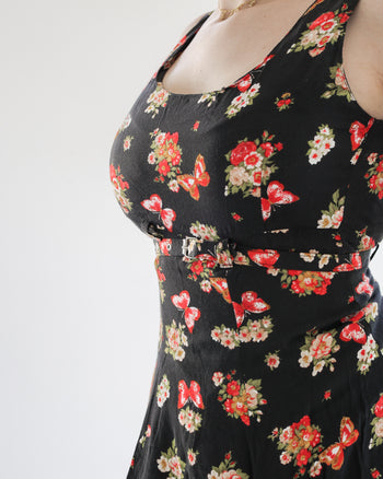 Robe Vintage à bretelles noire avec motifs à fleurs S