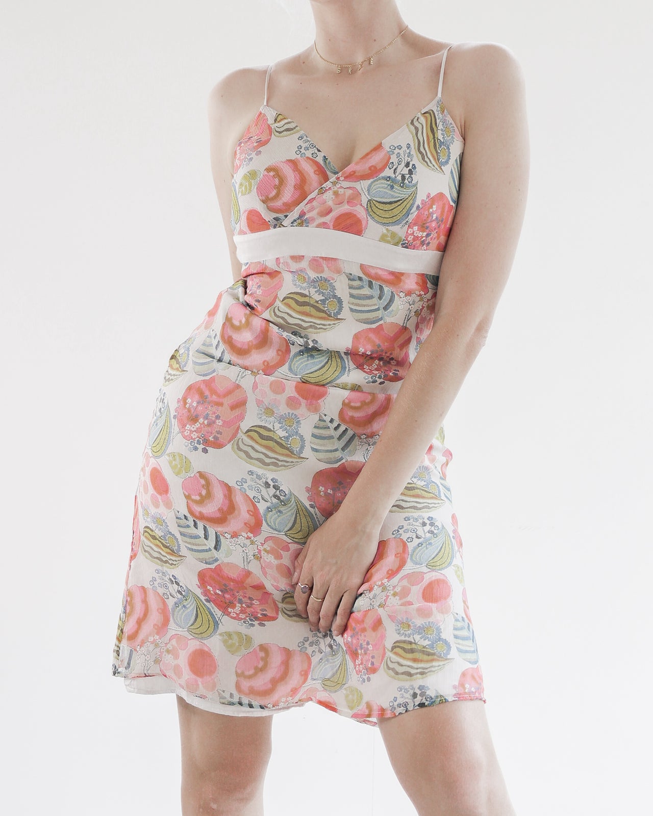 Strappy silk dress with orange flower patterns S