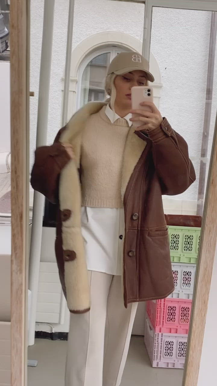 Manteau brun mouton retourné blanc cassé oversized XL