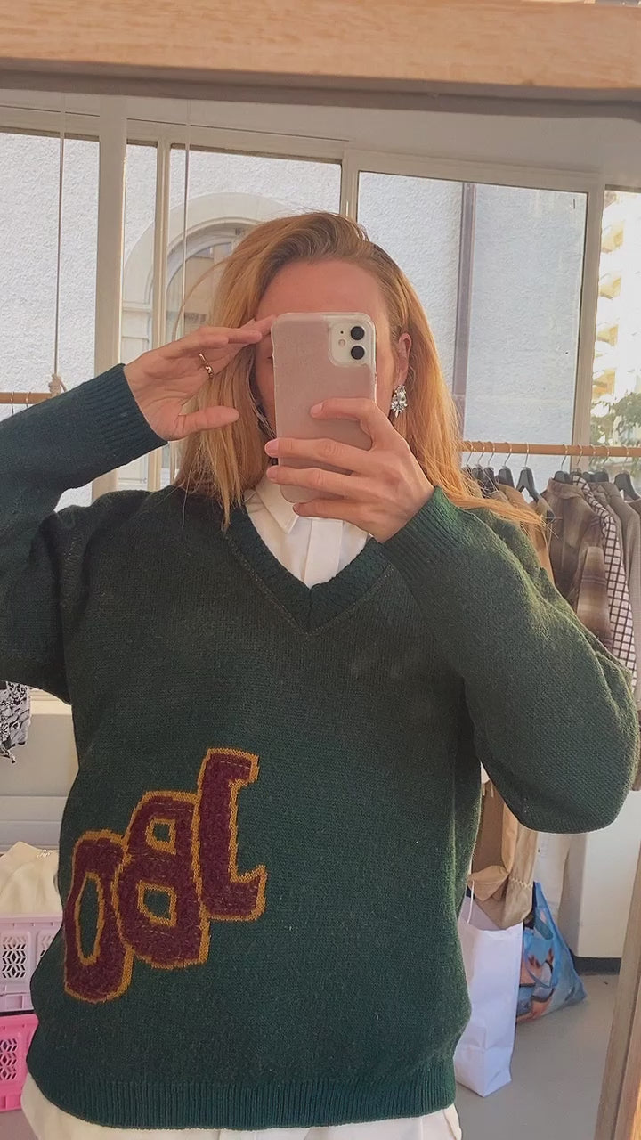 Pull vintage en laine vert foncé et Bordeaux  XL