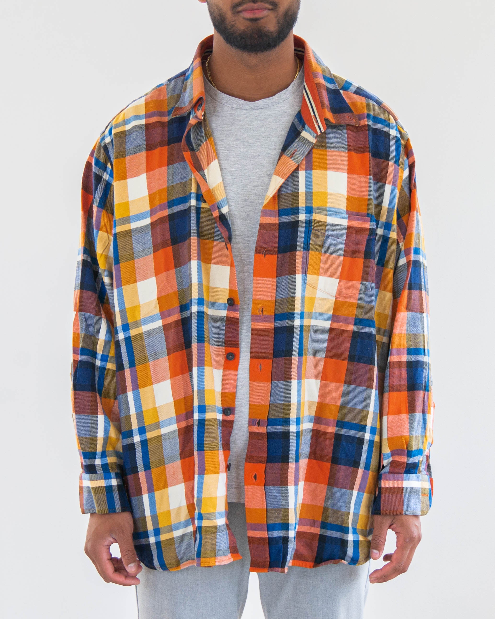E.Chemise Vintage à carreaux bleus/oranges/jaunes XL