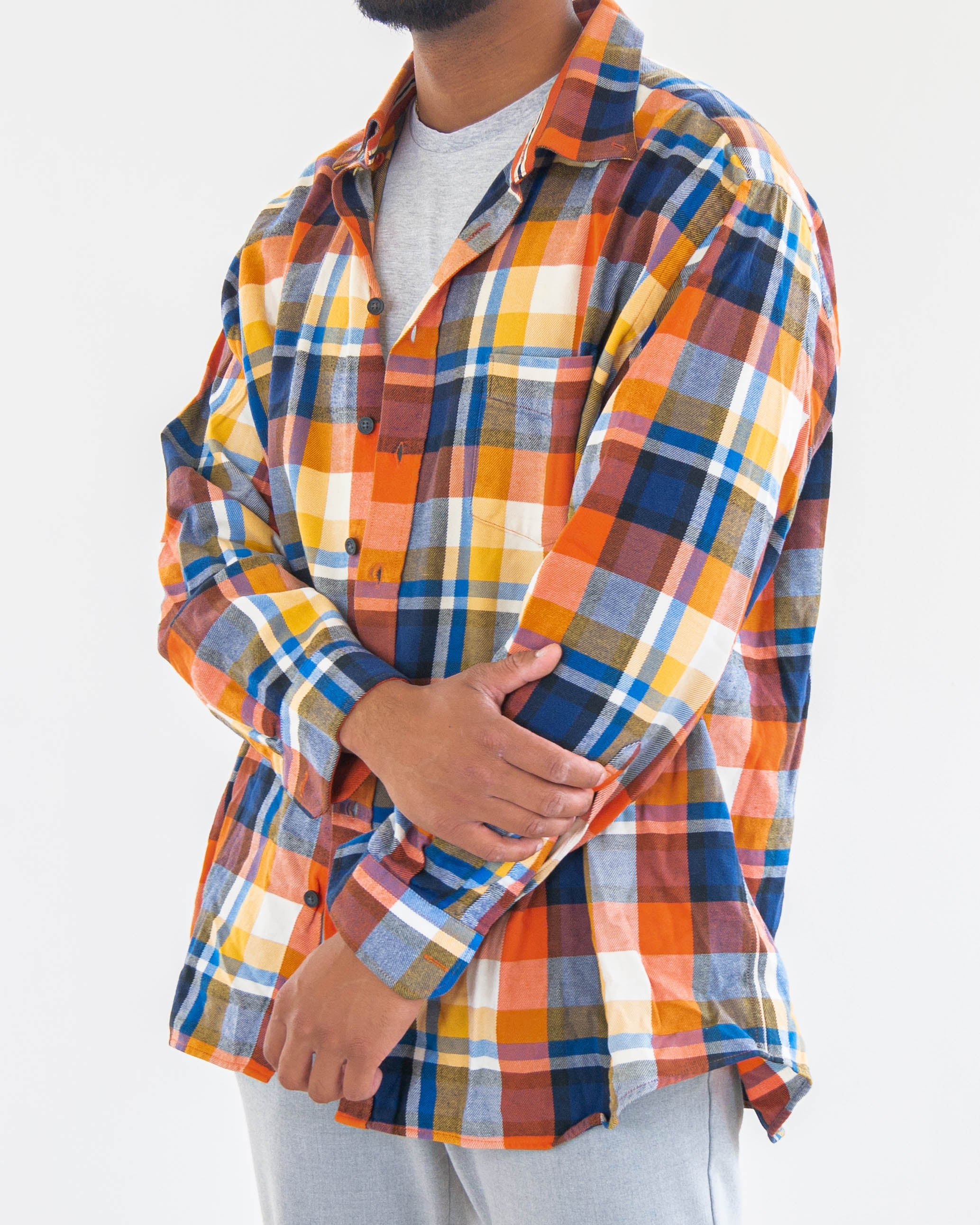E.Chemise Vintage à carreaux bleus/oranges/jaunes XL