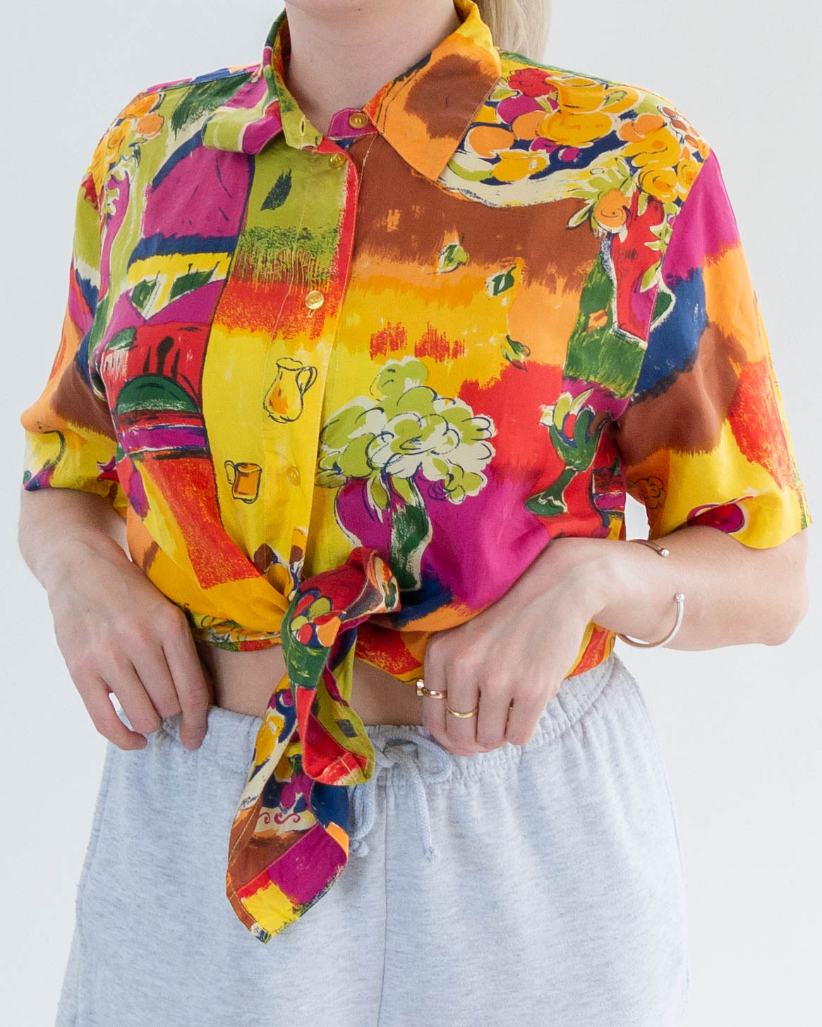 Colorful silk blouse with multicolored patterns M