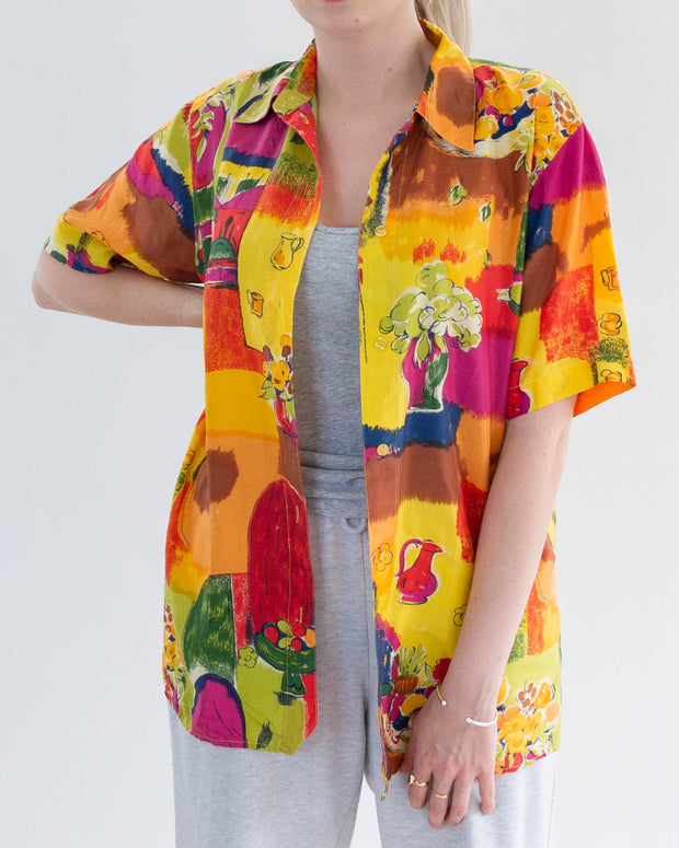 Colorful silk blouse with multicolored patterns M