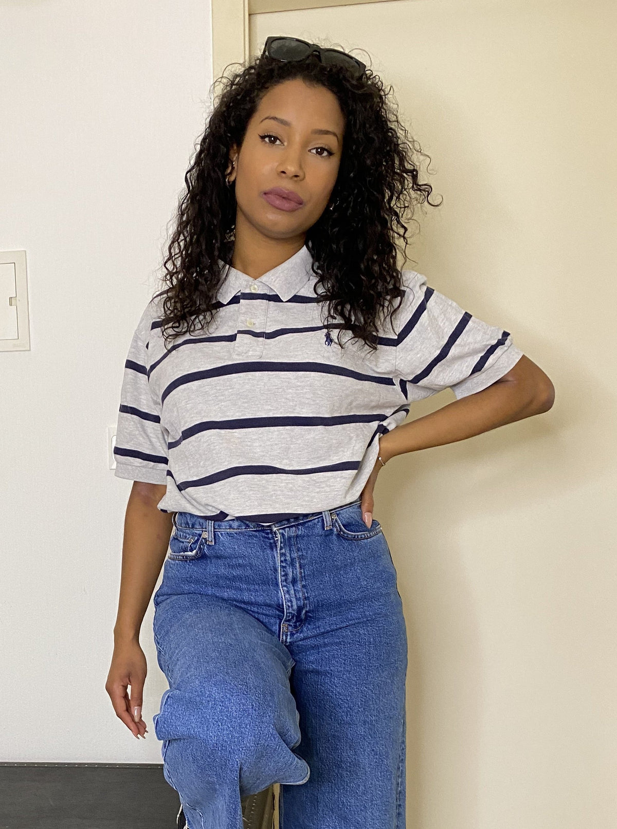 Polo gris rayé bleu marine Ralph Lauren L