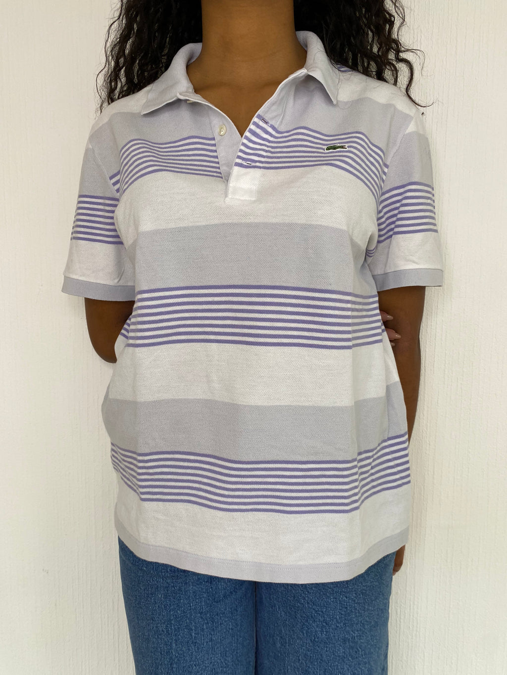 Polo blanc rayé mauve Lacoste L