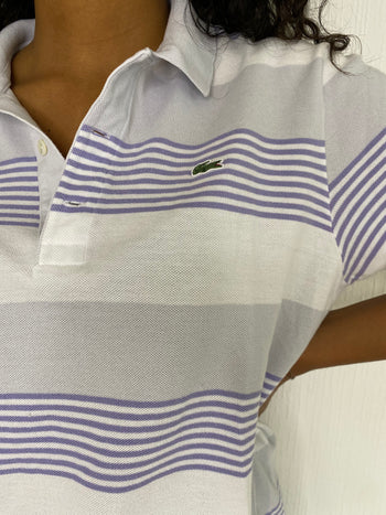 Lacoste L white striped mauve polo shirt