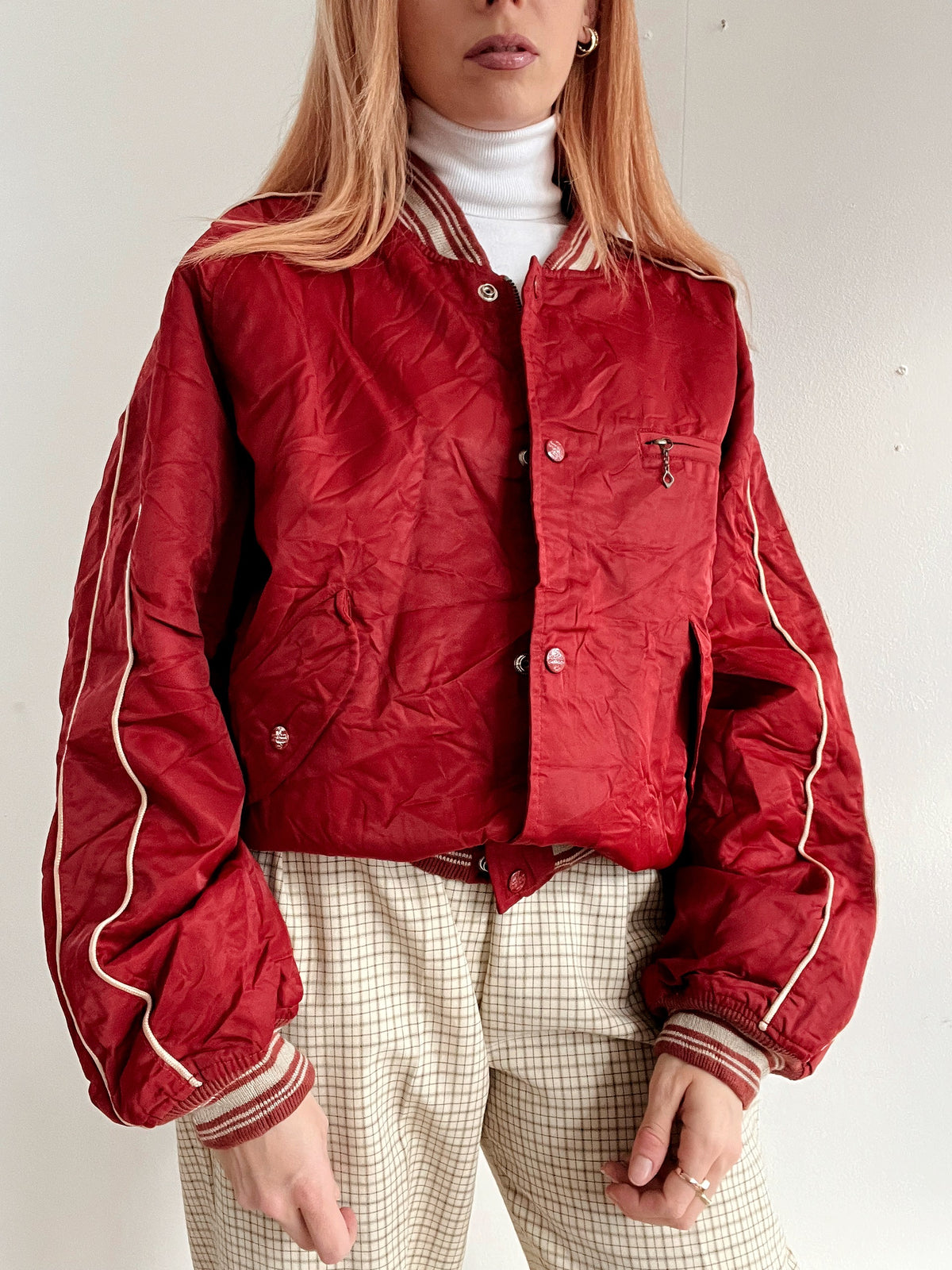 Amerikanische Vintage Bomberjacke glänzend rot L 