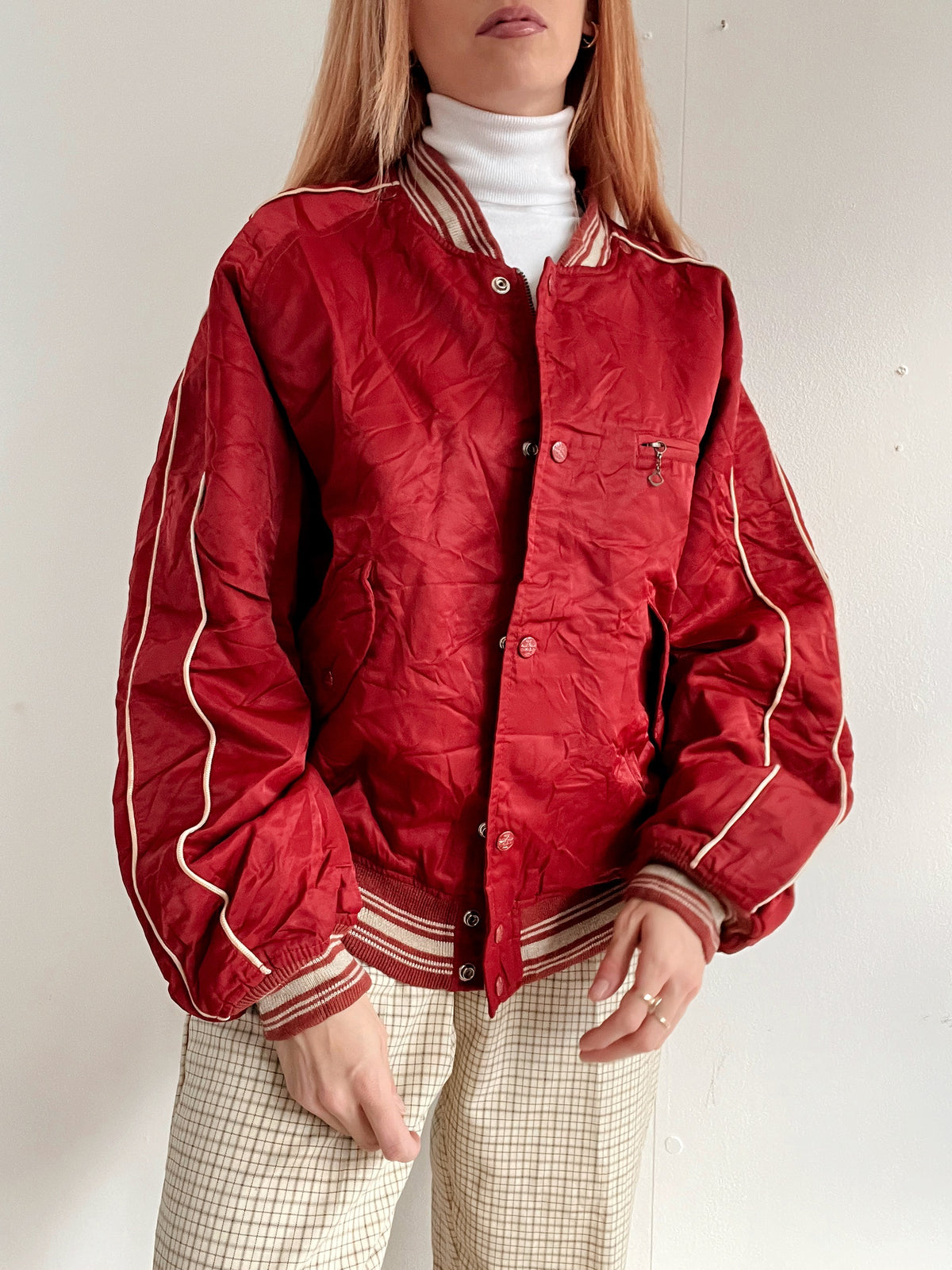Amerikanische Vintage Bomberjacke glänzend rot L 