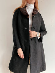 Manteau en laine vintage gris anthracite avec col fourrure brune S/M