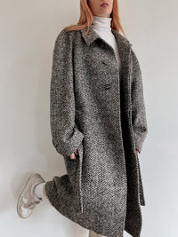 Langer hellgrauer Vintage-Wollmantel L/XL