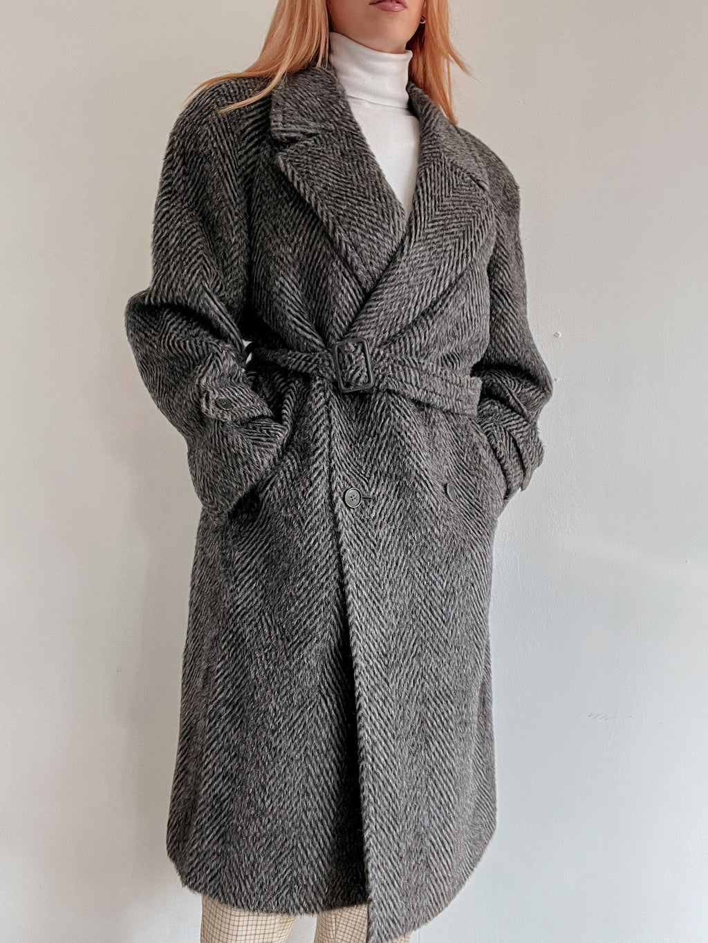 Vintage grauer zweireihiger Wollmantel M