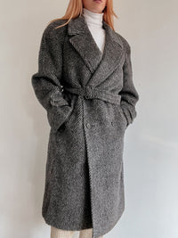 Vintage grauer zweireihiger Wollmantel M