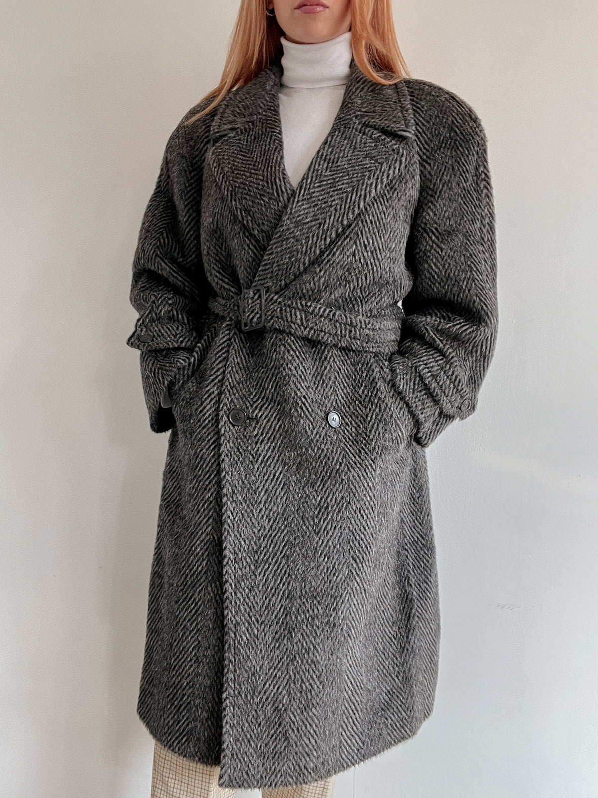 Vintage grauer zweireihiger Wollmantel M