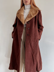 Manteau en laine vintage bordeau col fourrure M