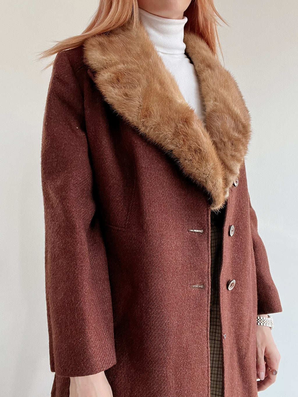 Vintage bordeauxroter Wollmantel mit Pelzkragen M