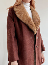 Vintage bordeauxroter Wollmantel mit Pelzkragen M