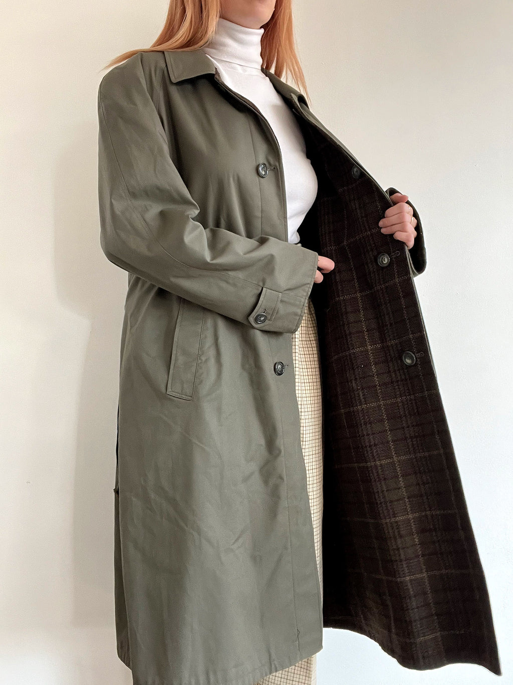 Vintage khakifarbener Wende-Trenchcoat aus Wolle L/XL 