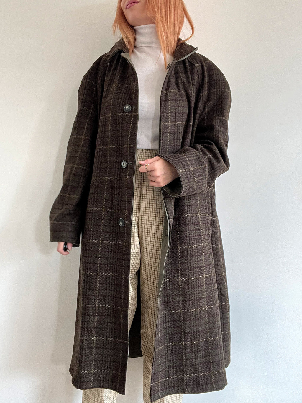 Vintage khakifarbener Wende-Trenchcoat aus Wolle L/XL 