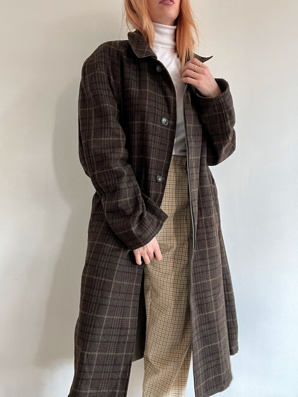 Vintage khakifarbener Wende-Trenchcoat aus Wolle L/XL 