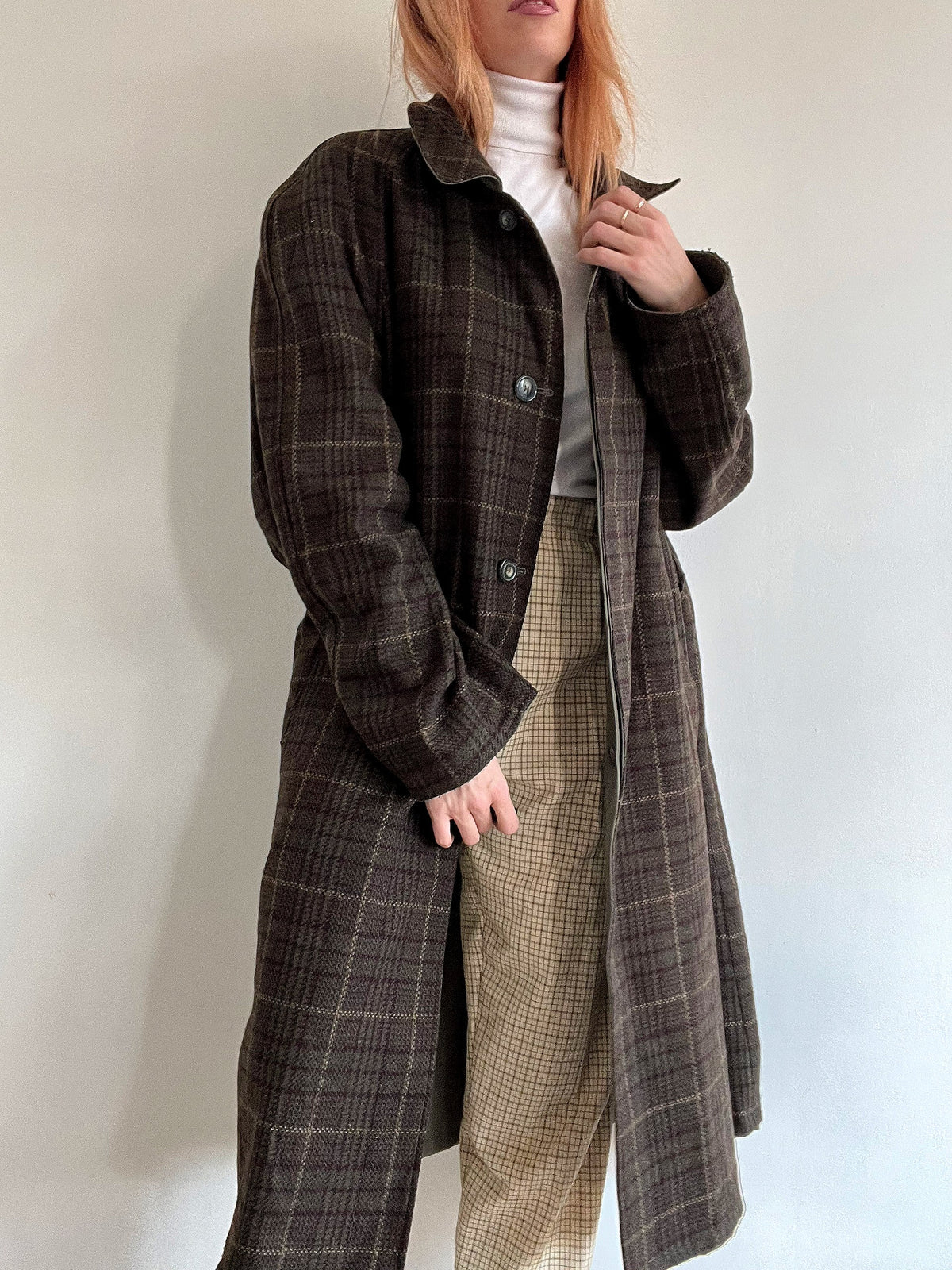 Vintage khakifarbener Wende-Trenchcoat aus Wolle L/XL 
