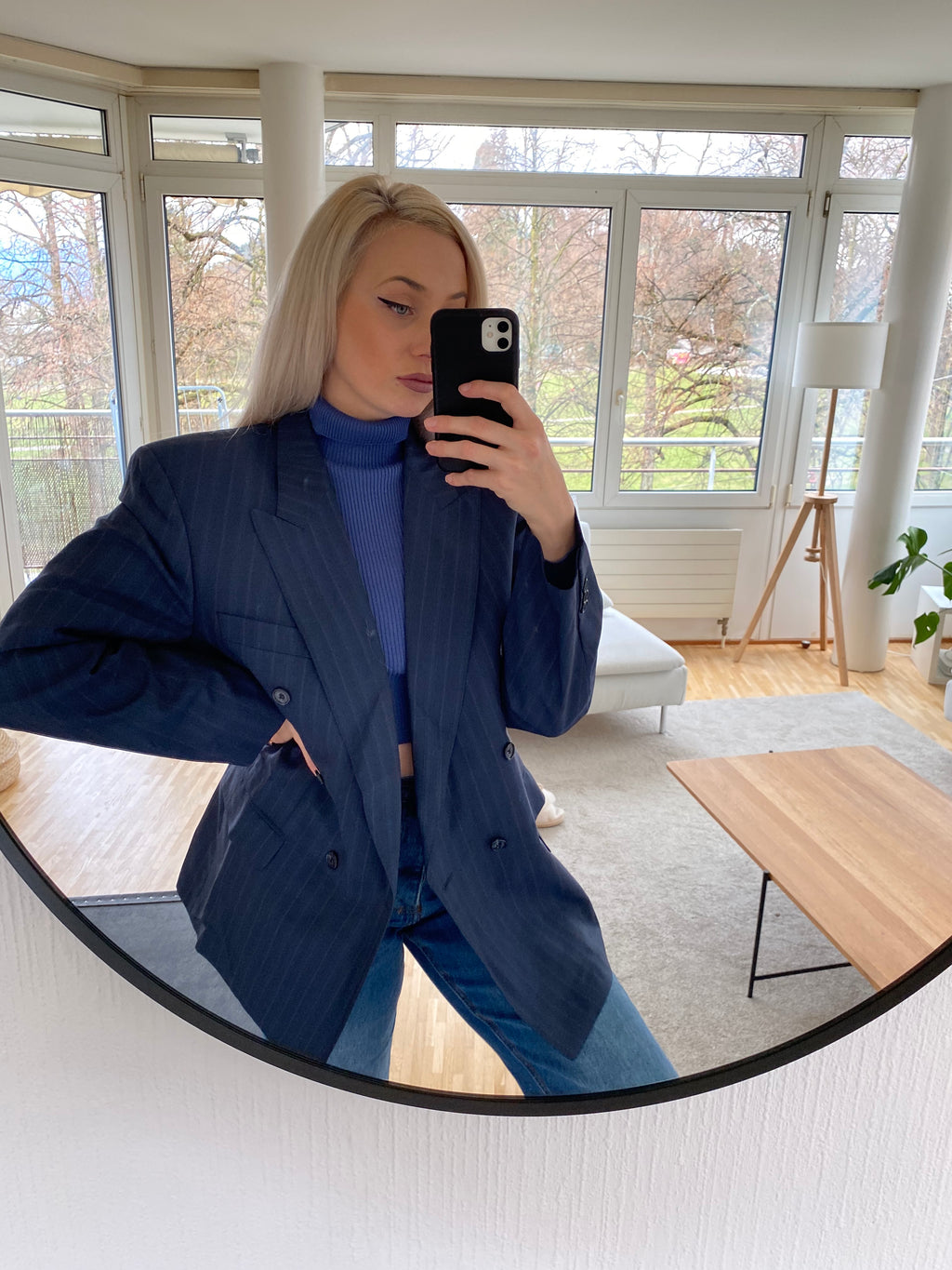 Oversized dark blue striped blazer jacket L