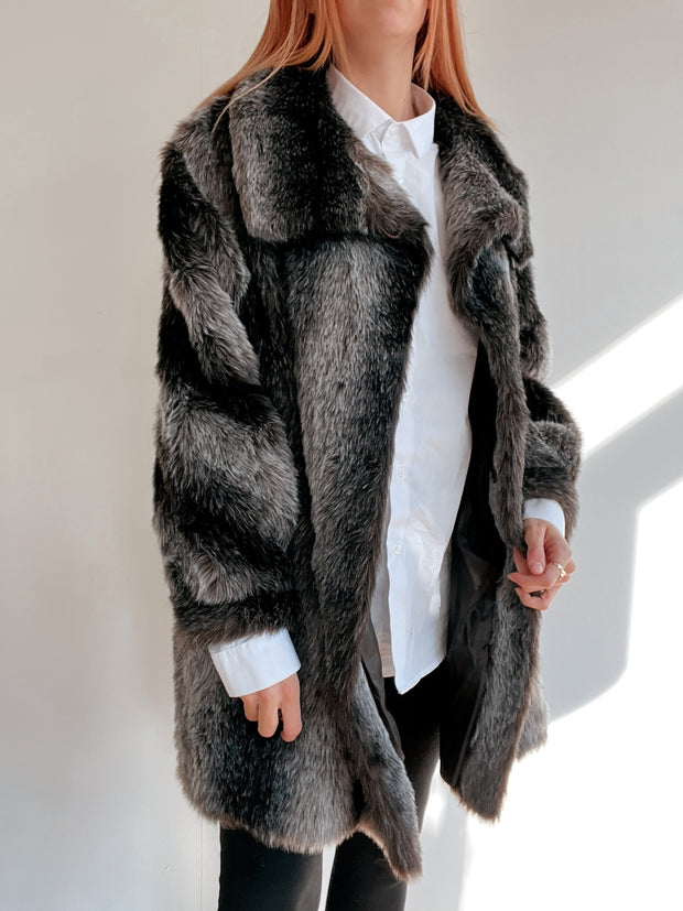 Manteau vintage en fausse fourrure gris oversized M