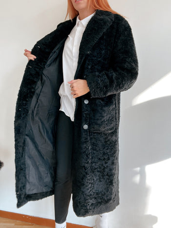 Long manteau vintage en fausse fourrure noire M