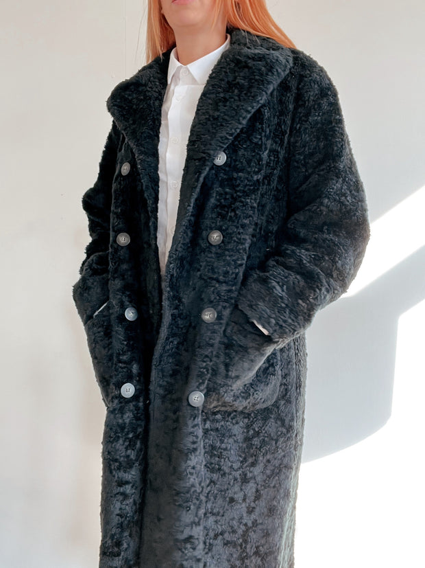 Long manteau vintage en fausse fourrure noire M