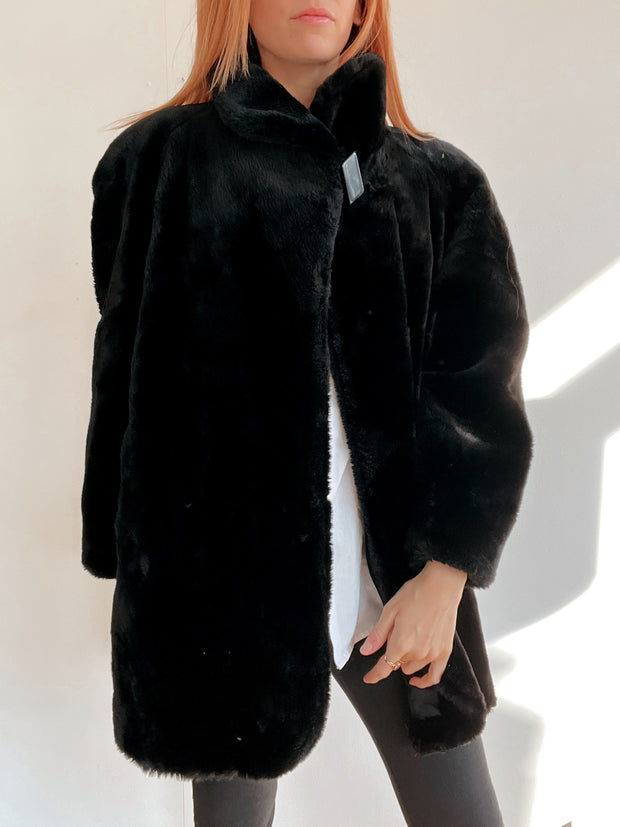 Manteau vintage en fausse fourrure noire oversized M