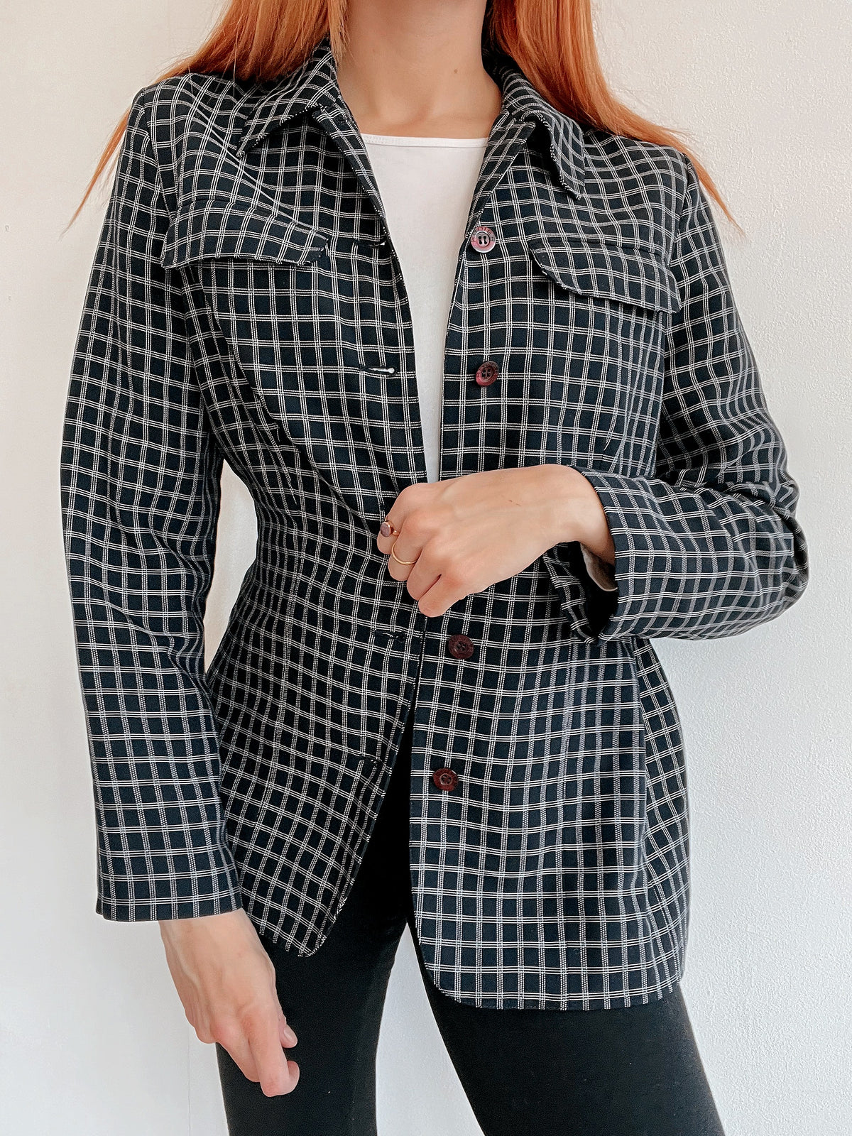 Veste blazer vintage bleue foncée à carreaux fins S