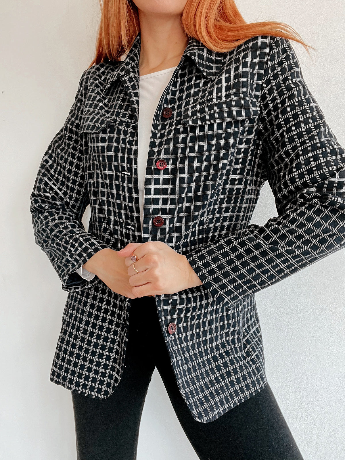 Veste blazer vintage bleue foncée à carreaux fins S