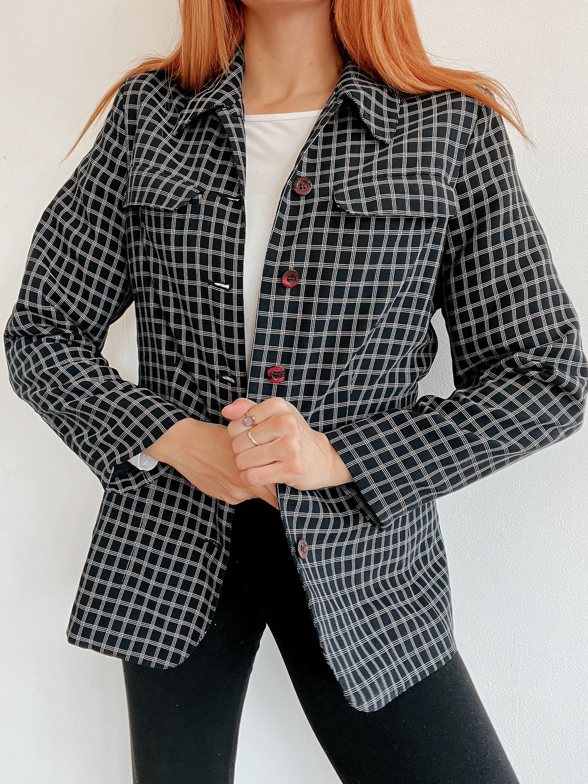 Veste blazer vintage bleue foncée à carreaux fins S