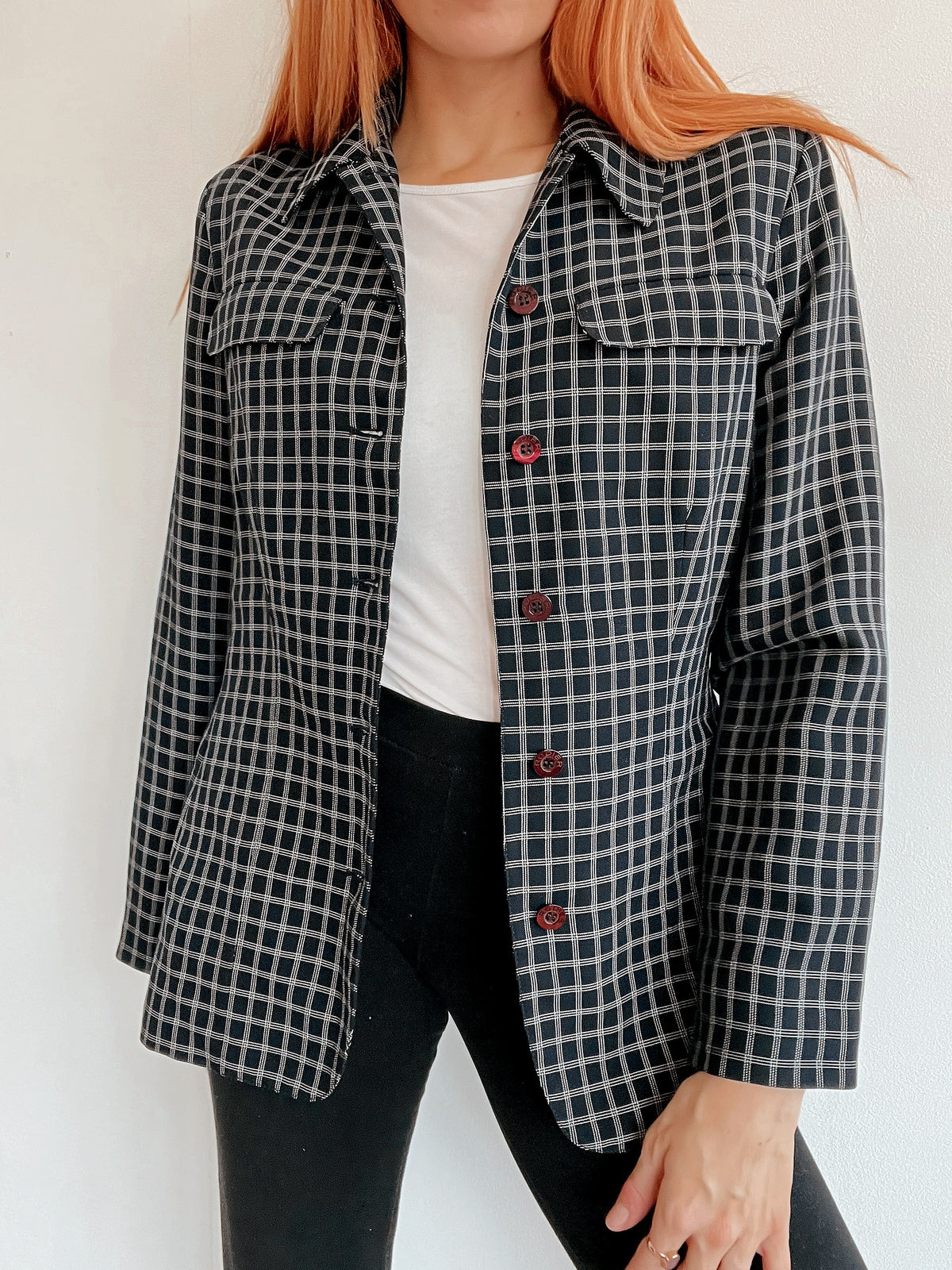 Veste blazer vintage bleue foncée à carreaux fins S