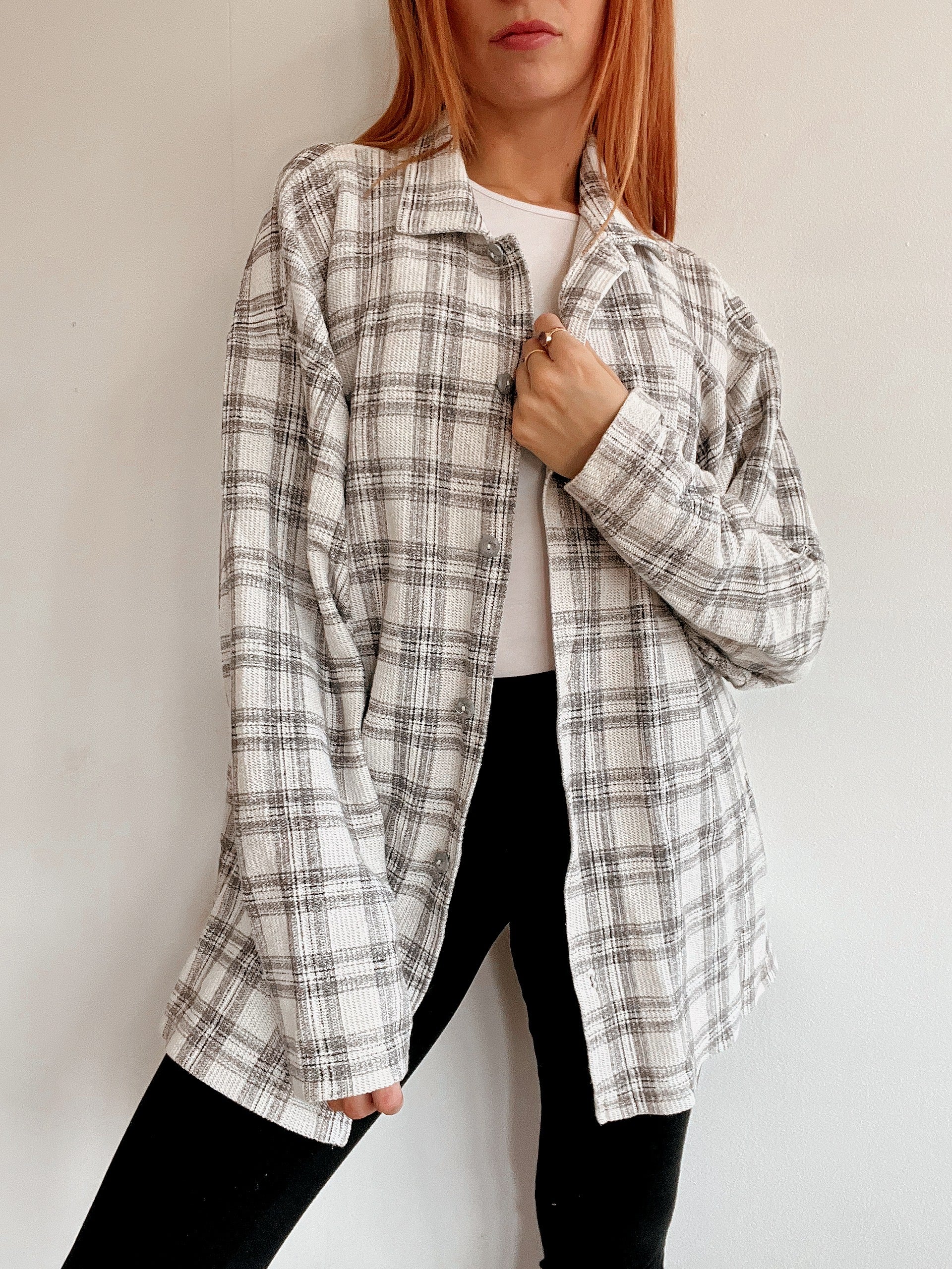 Chemise vintage beige/grise à carreaux XL